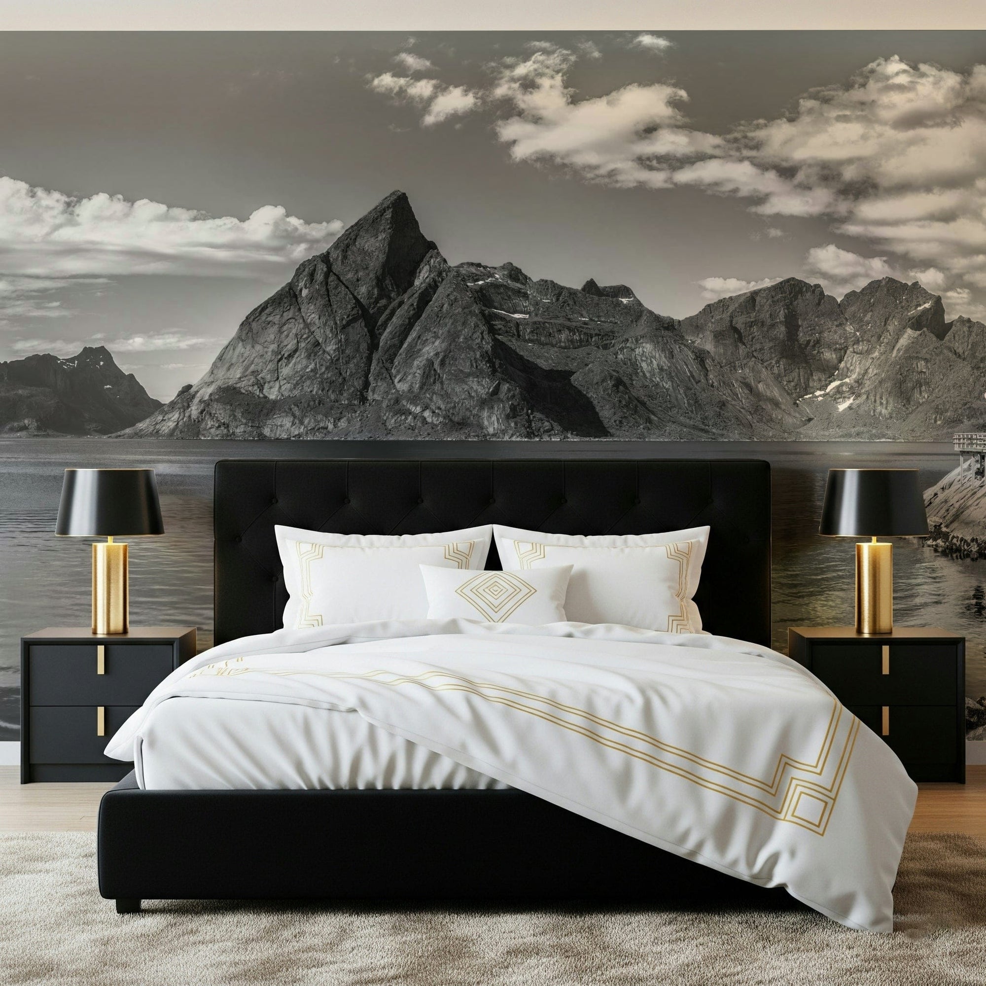 Living room wall with a black and white mountain mural featuring a vibrant red house., GD7702