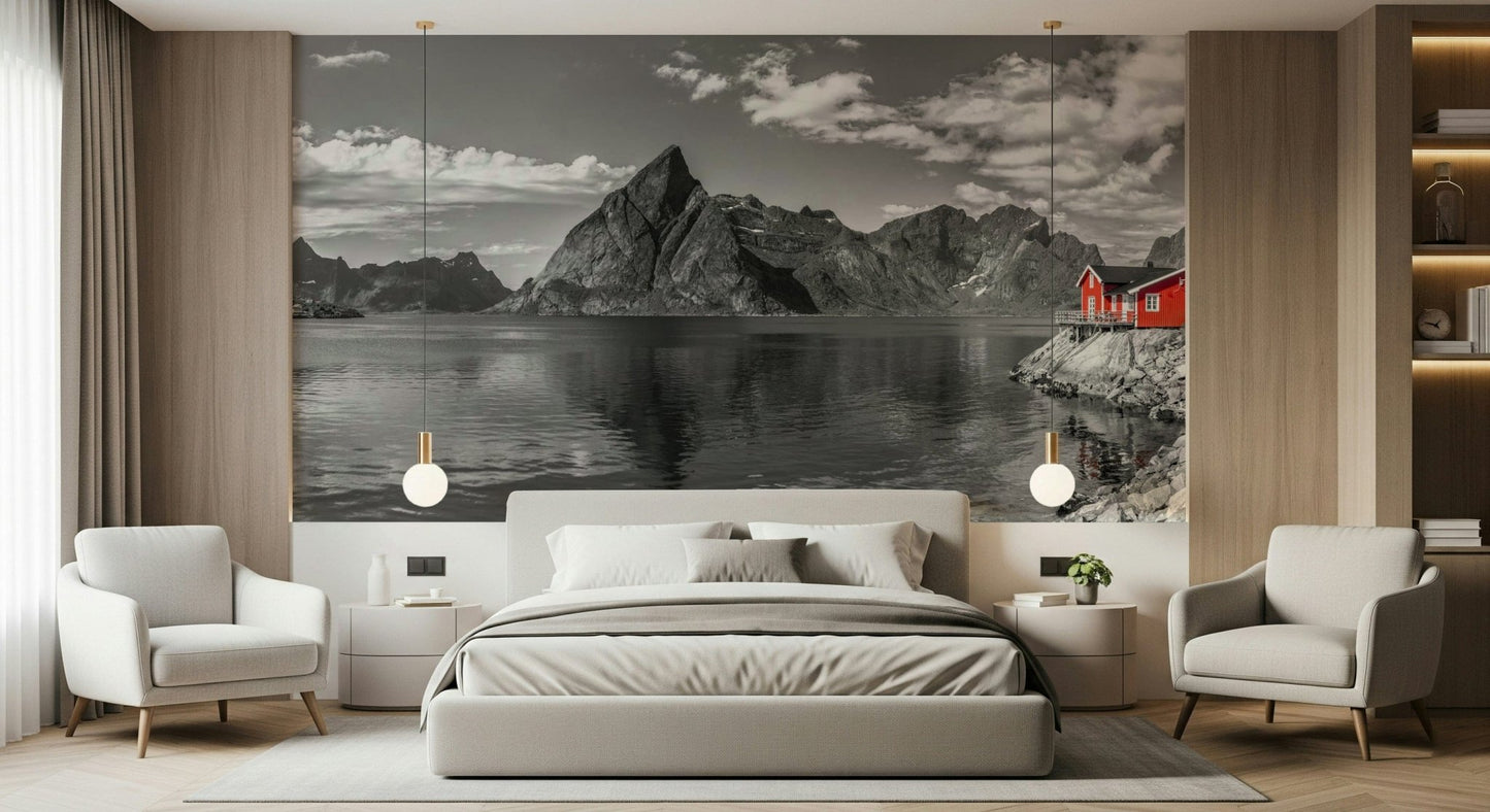 Feature wall styling for a lounge area using a scenic monochrome mountain landscape.