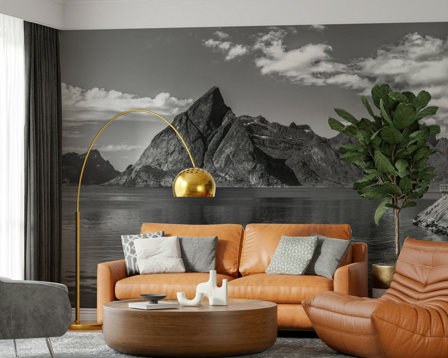 Sophisticated study room decor with a wide panoramic mountain and lake view.