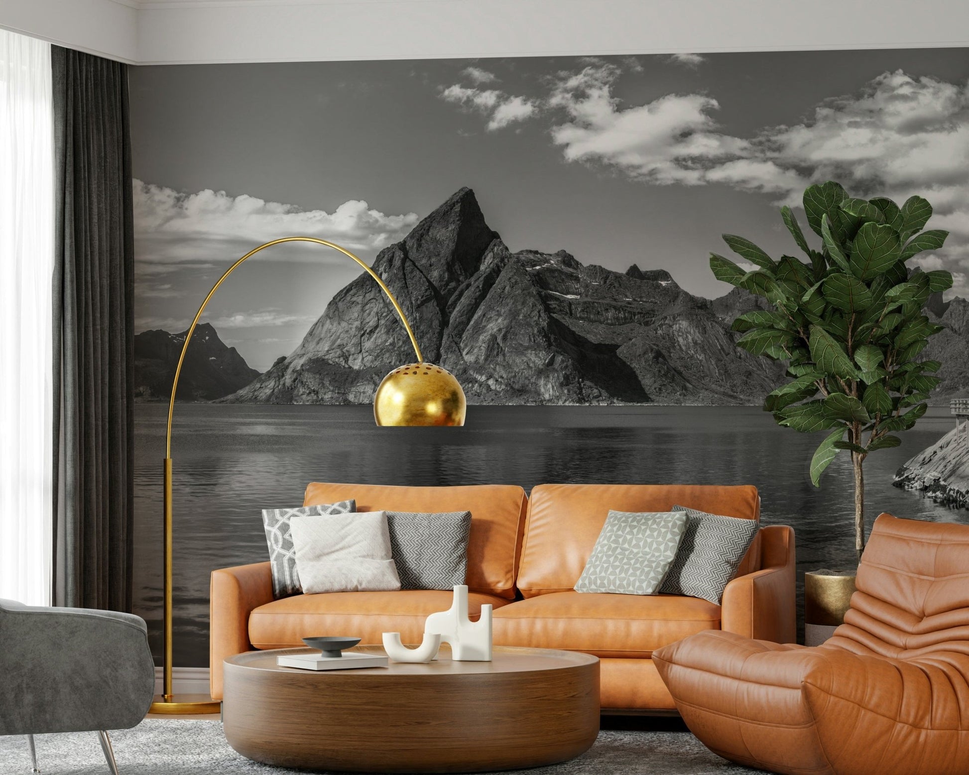 Sophisticated study room decor with a wide panoramic mountain and lake view.
