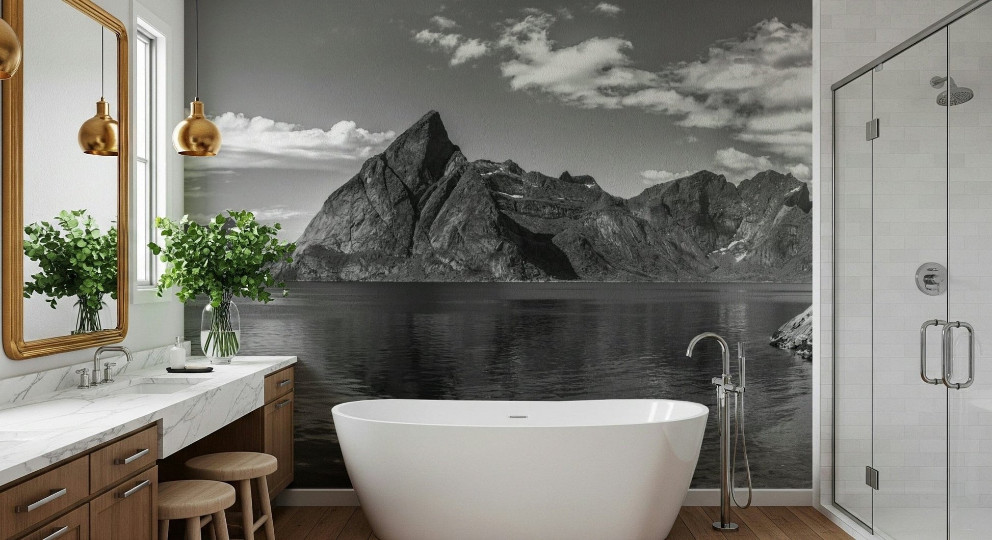 Exploring the Norwegian Fjords Wall Mural in a minimalist office with grey tones.