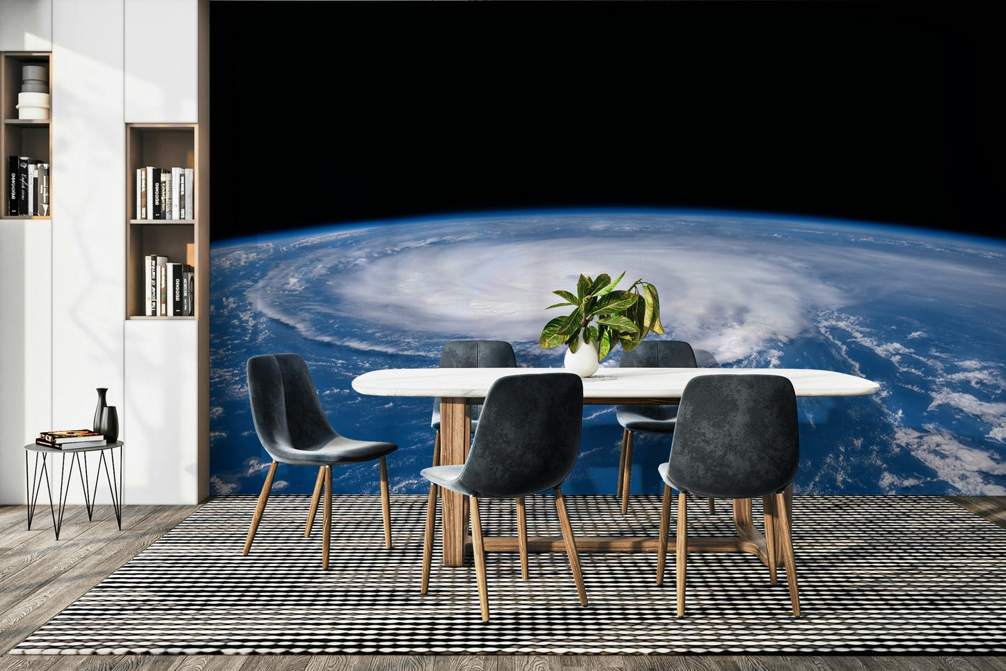 A large, clear, circular area in the center of the storm.

