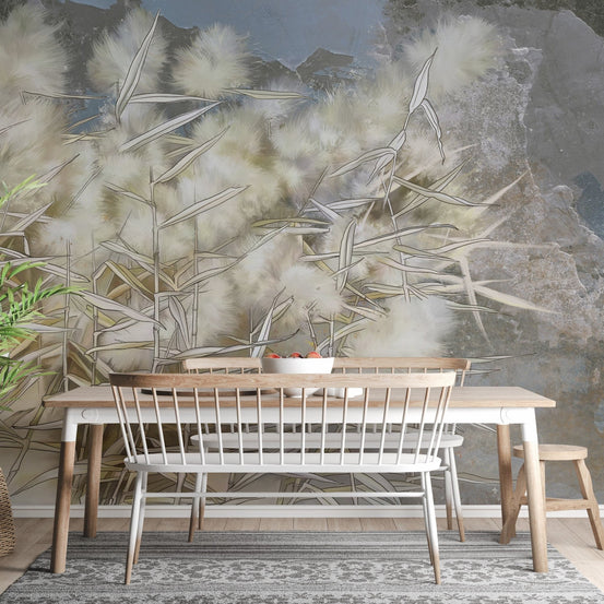 Elegant white reed wallpaper mural design A244
