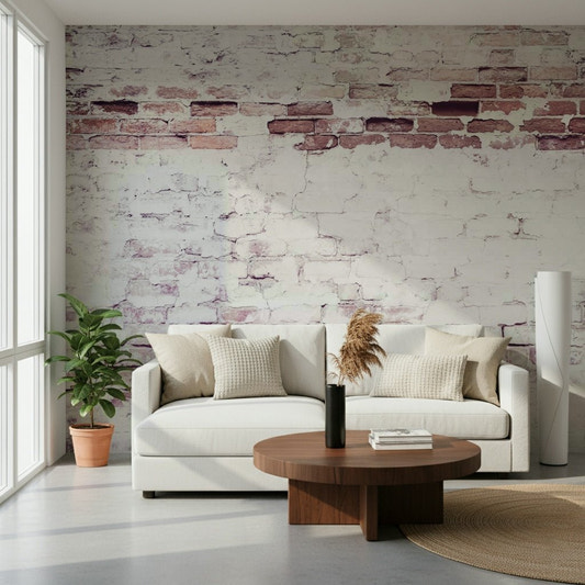 Faded Heritage Brickwork Wall Mural close-up, soft reddish-brown brick wallpaper detail.