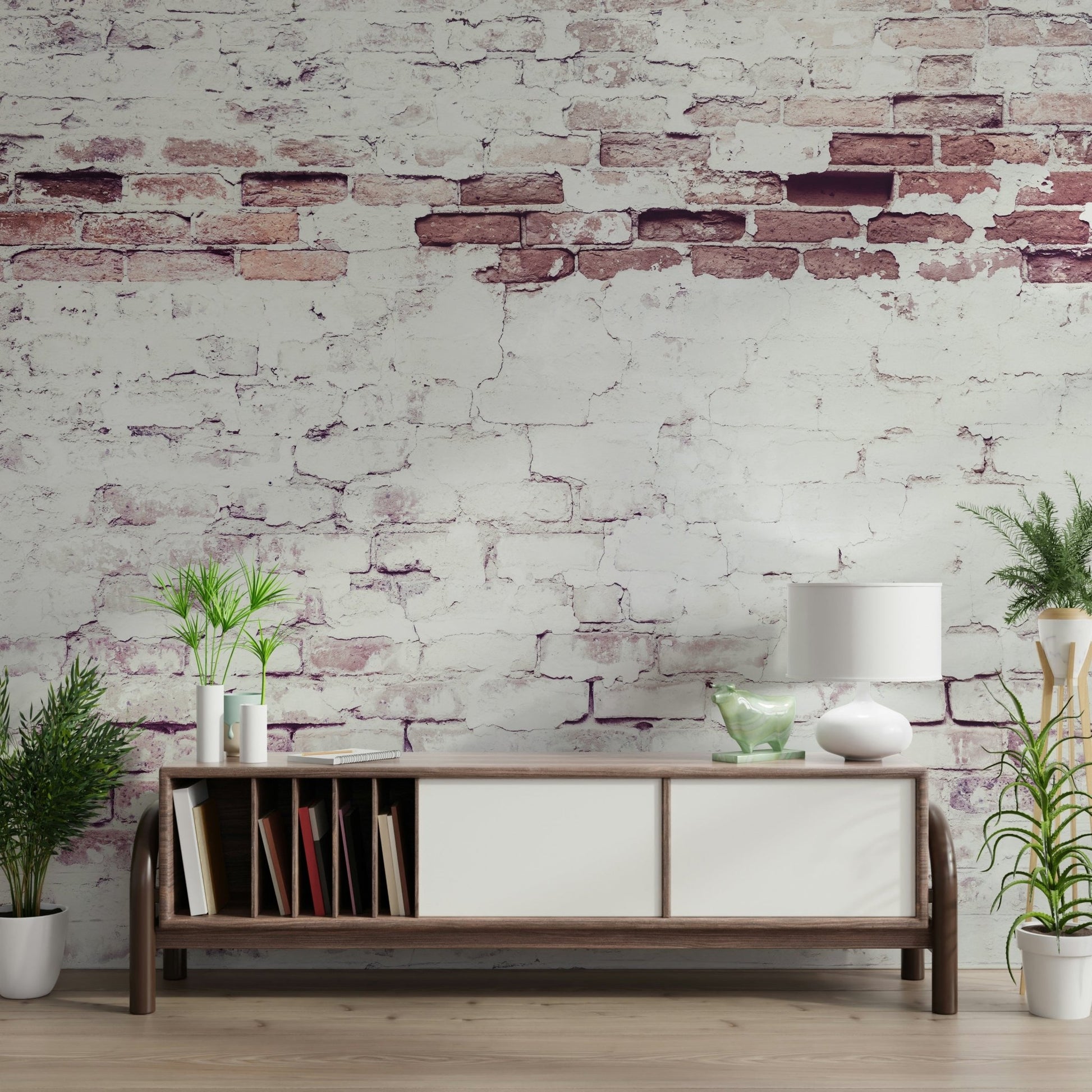 Rustic feature wall achieved with the Faded Heritage Brickwork wallpaper mural in a den., GD6120