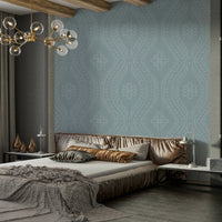 Soft blue ogee pattern wallpaper for subtle interiors

