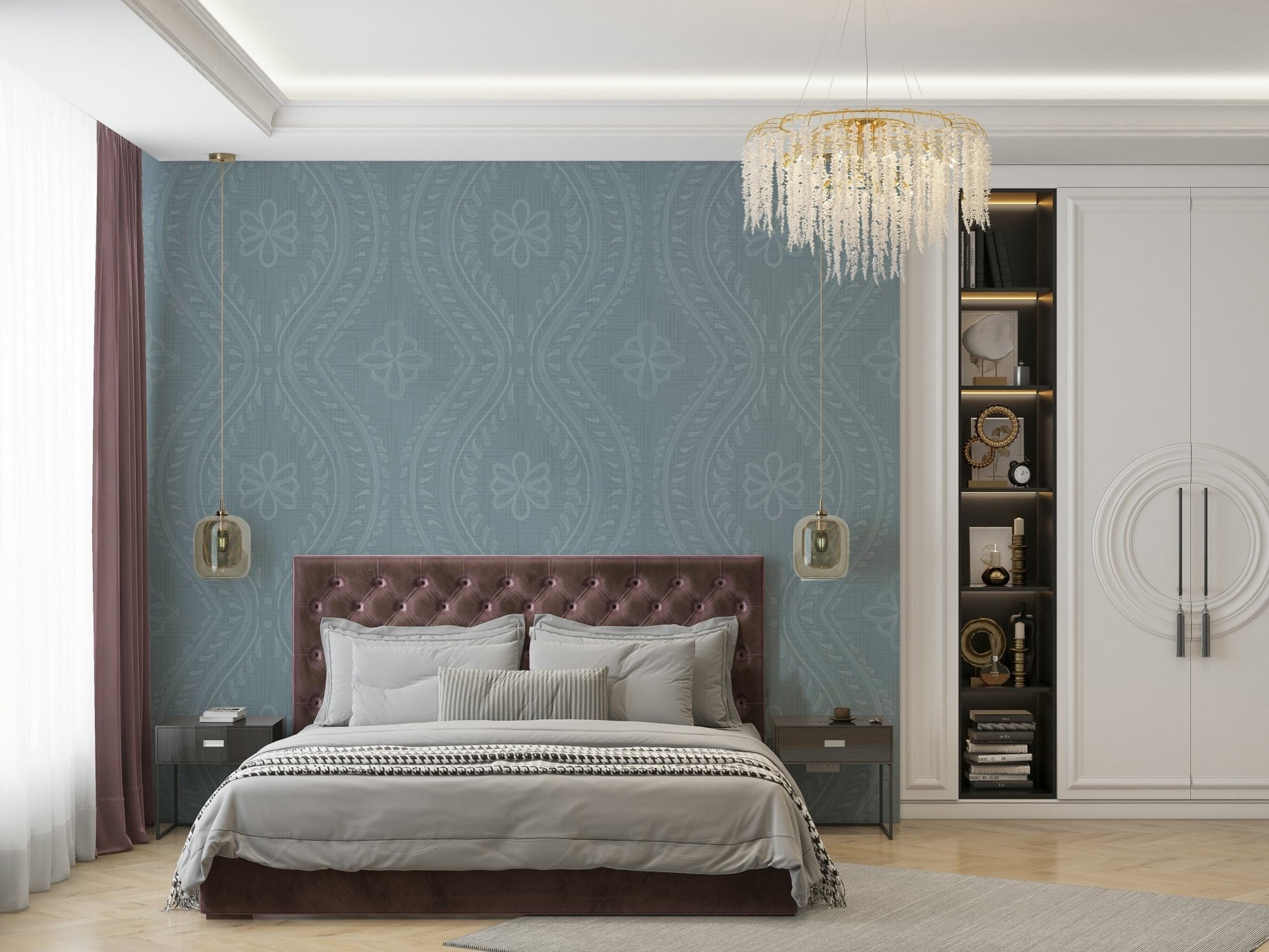 Timeless damask motif in muted blue arona finish

