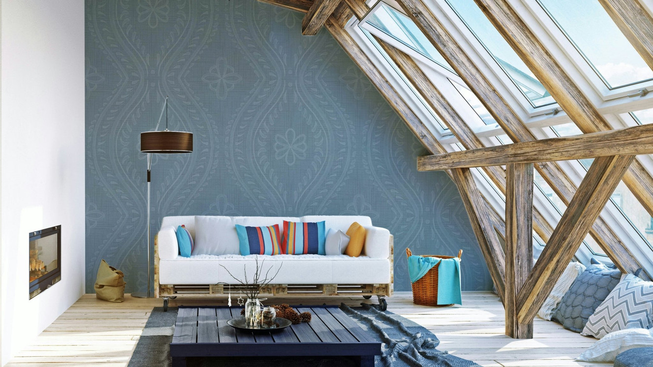 Faded ogee damask wallpaper in arona blue tone

