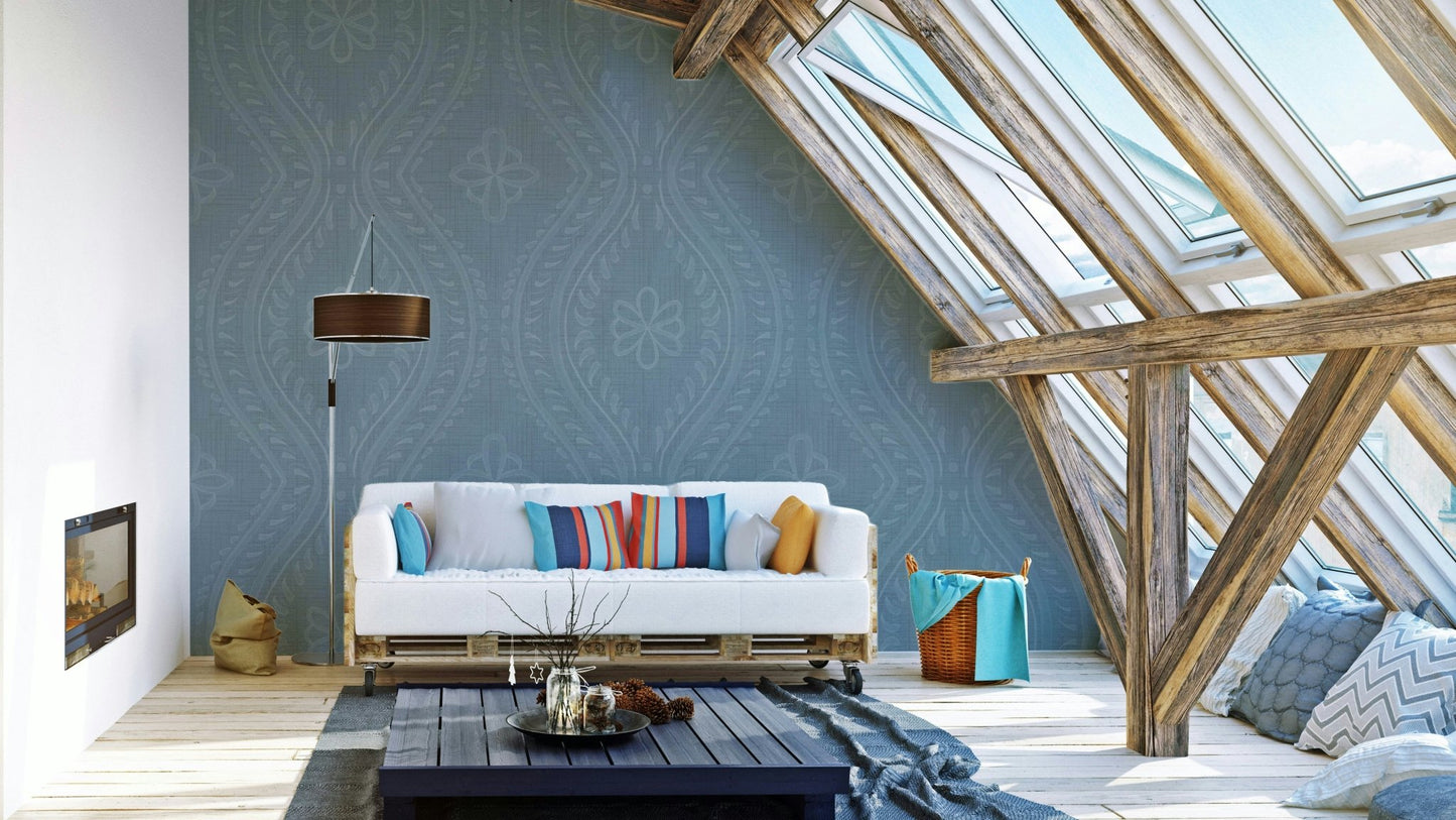 Faded ogee damask wallpaper in arona blue tone

