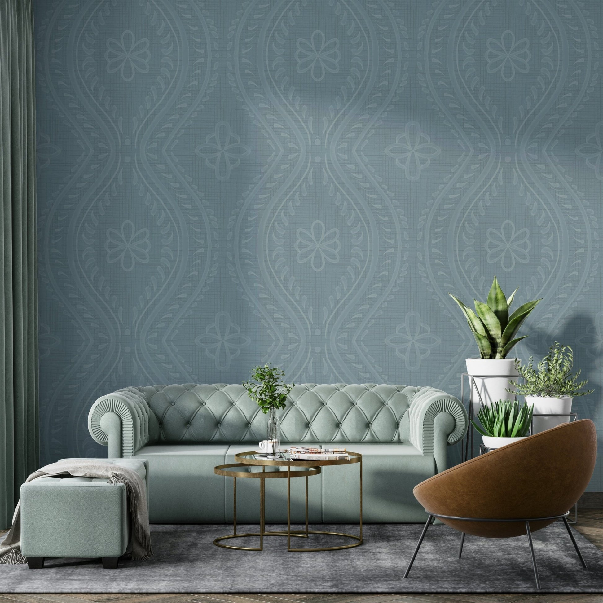 Stylish faded damask wallpaper in pale blue arona

