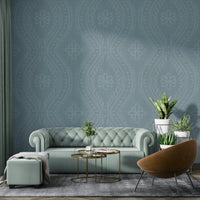 Stylish faded damask wallpaper in pale blue arona

