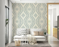 Soft blue damask wallpaper with vintage ogee pattern


