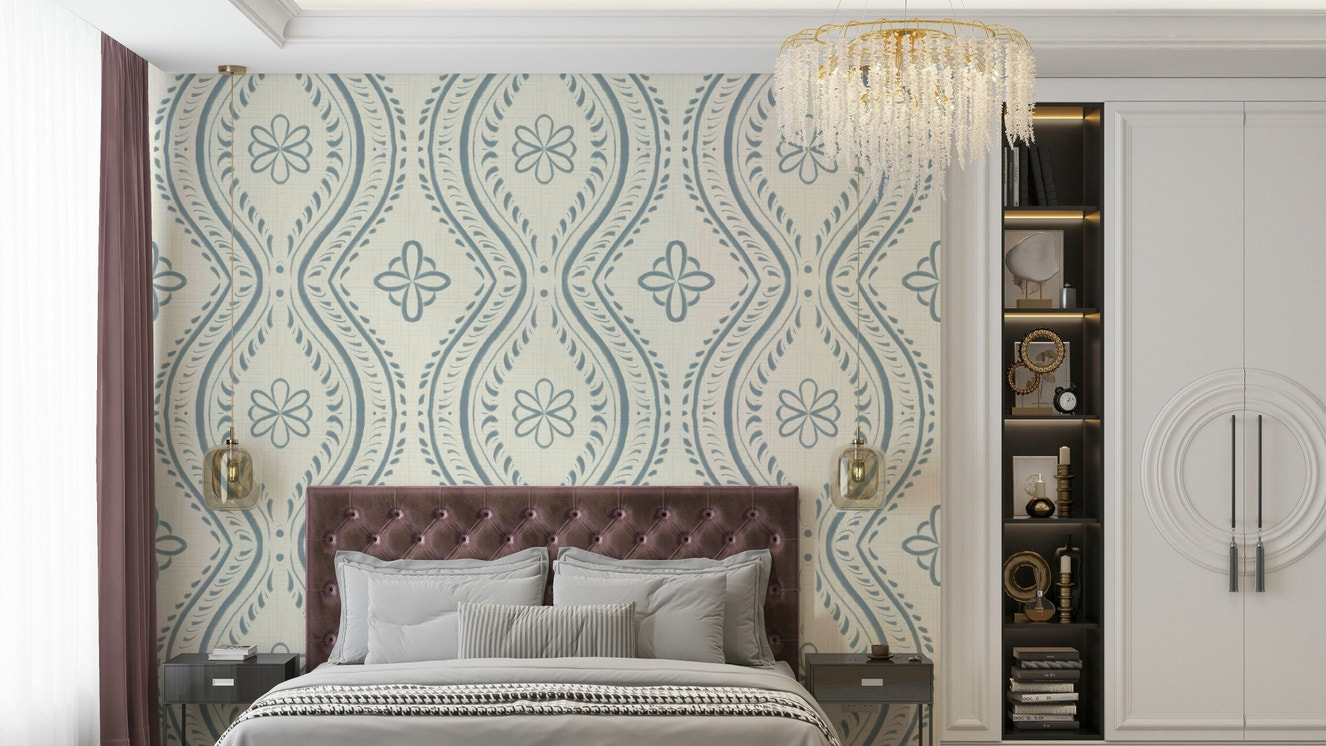 Faded ogee damask wallpaper in bright arona blue

