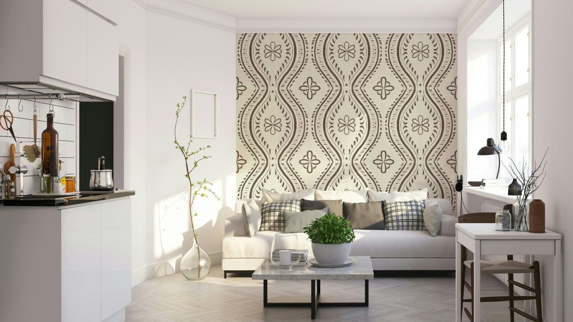 Bright coffee-colored wallpaper with vintage motif, GD1747