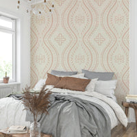 Bright cream tan wallpaper with classic ogee design


