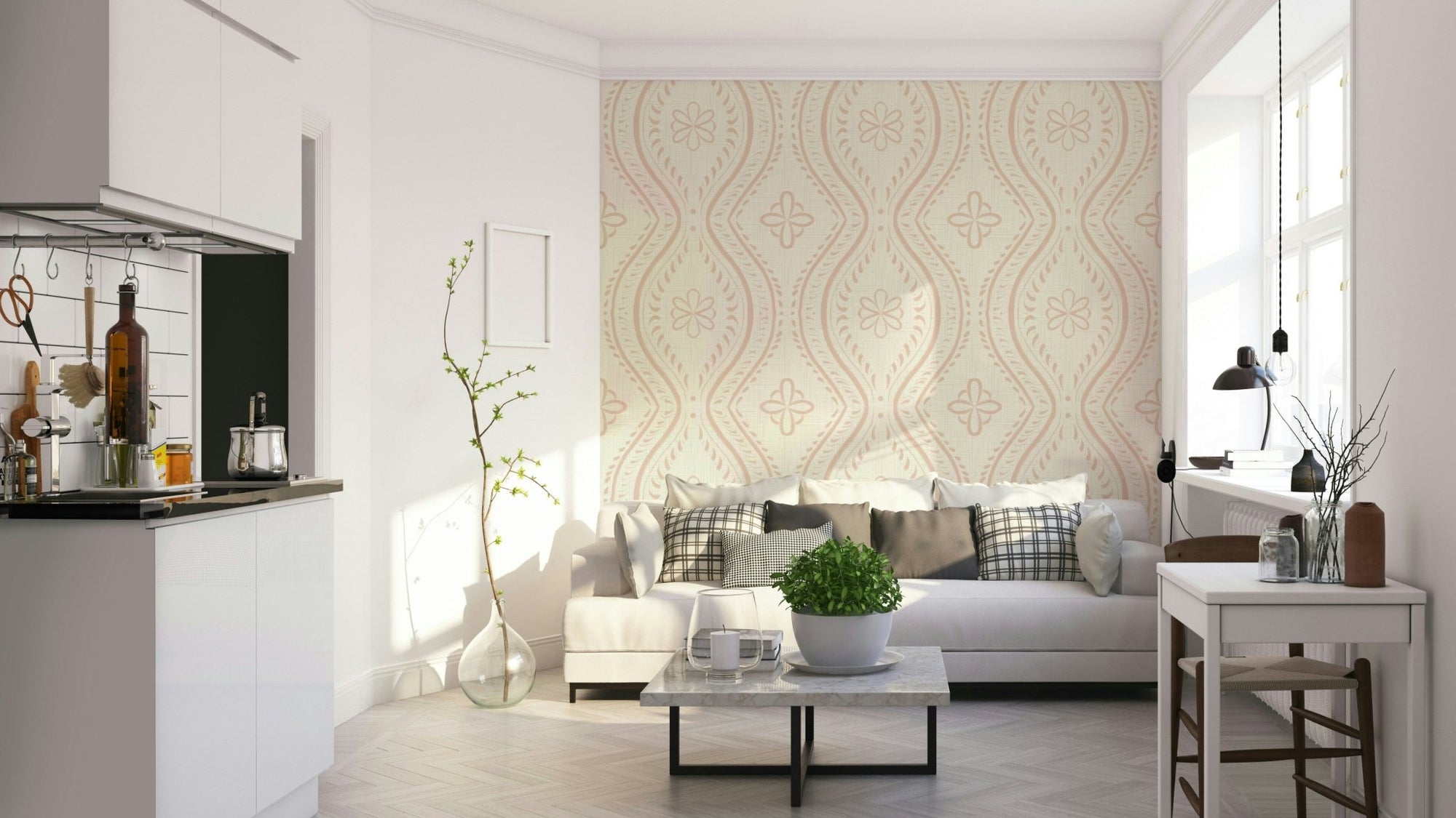 Faded ogee damask wallpaper in cream tan tone, GD1748