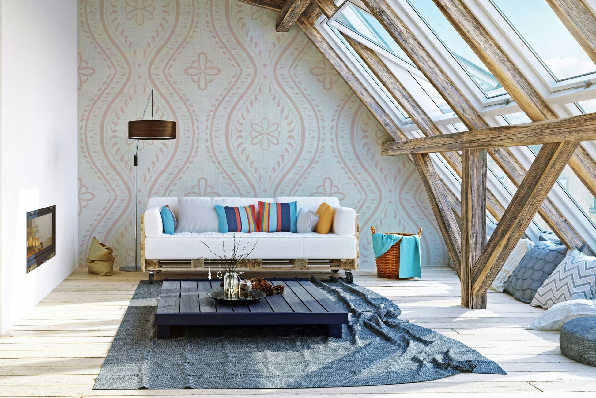 Elegant ogee wallpaper with warm tan background

