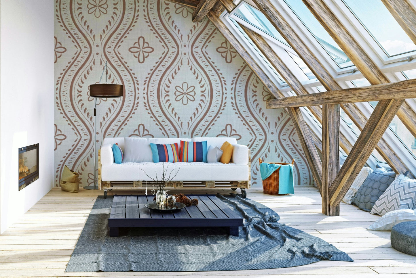 Neutral-toned damask wallpaper with faded effect, GD1751