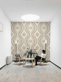 Faded ogee damask wallpaper in mocha mousse hue, GD1751