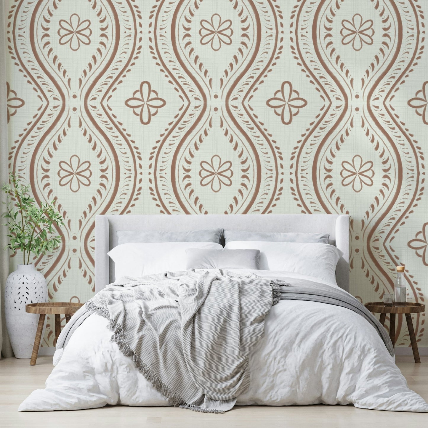 Earthy ogee wallpaper with warm mocha background, GD1751