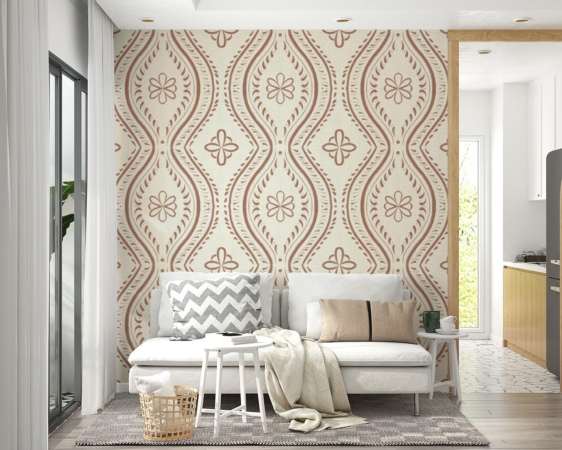 Warm mocha wallpaper featuring elegant damask pattern

