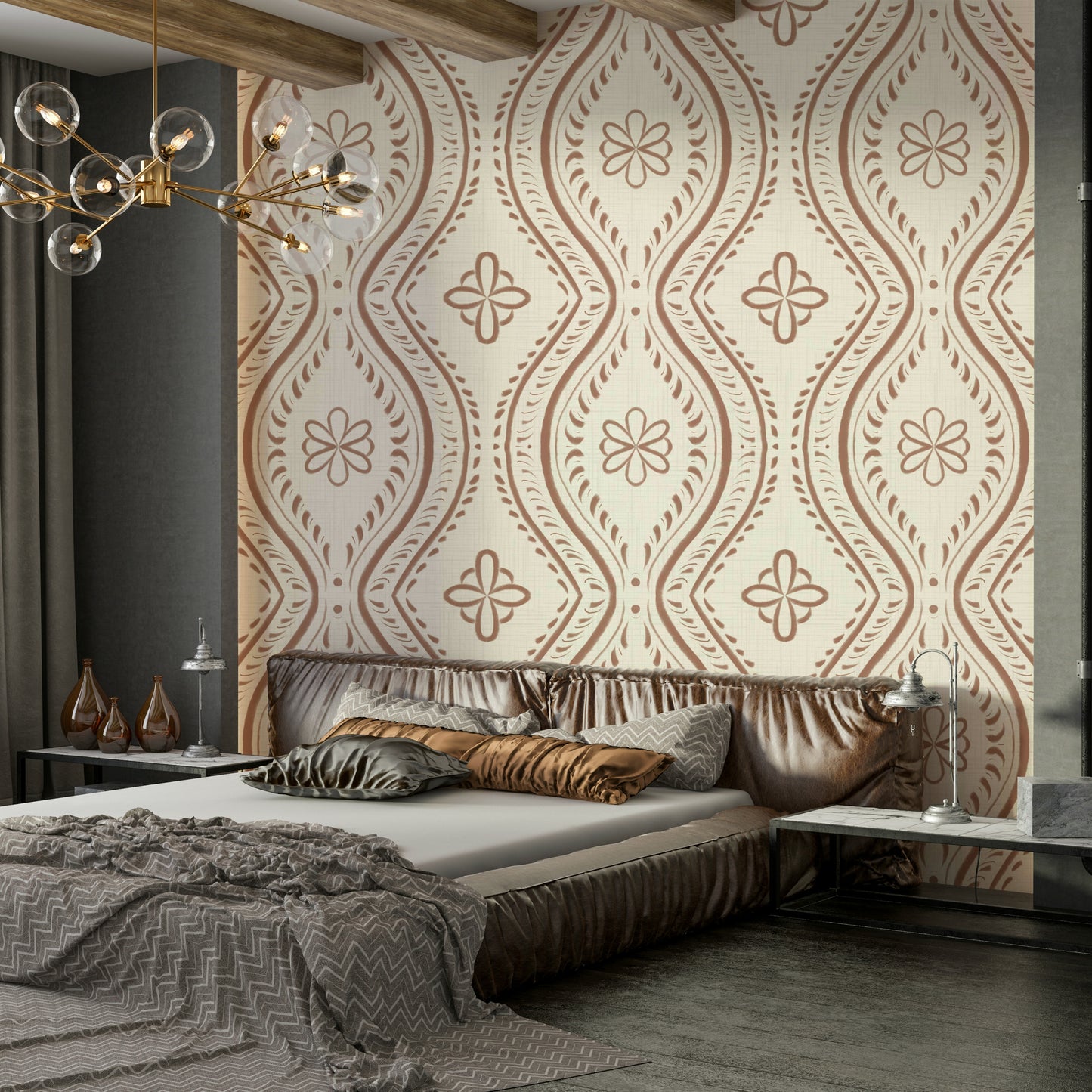 Mocha mousse wallpaper with vintage ogee design

