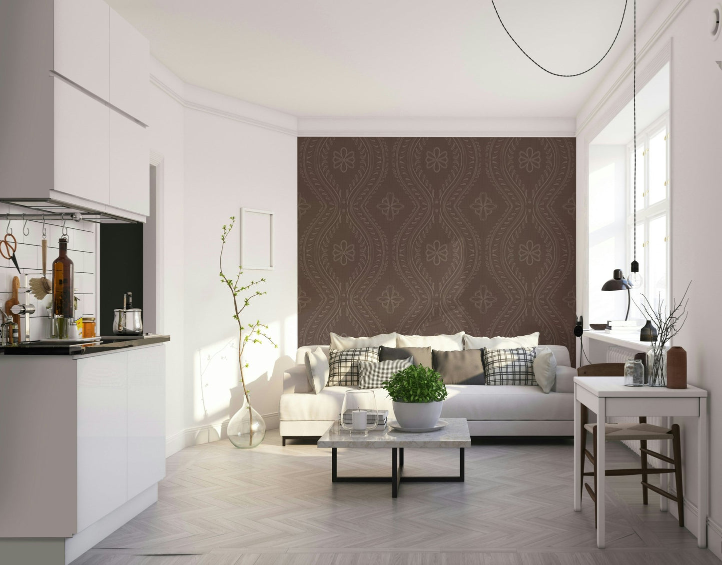 Luxurious wallpaper with soft ogee curves in brown tones

