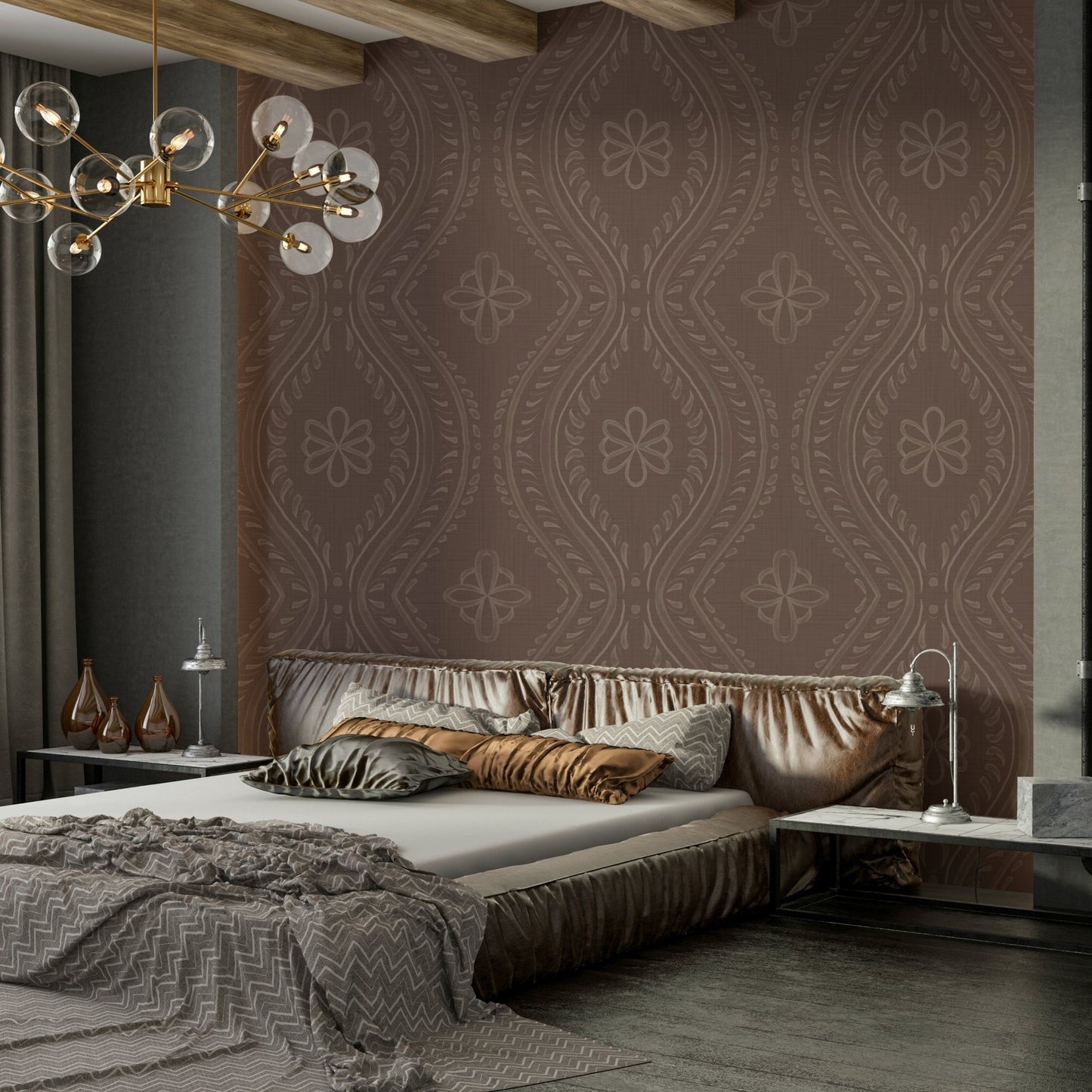 Faded damask print in rich coffee quartz shade

