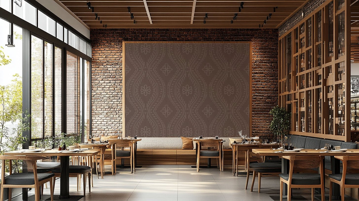 Coffee-colored ogee design wallpaper with a soft fade

