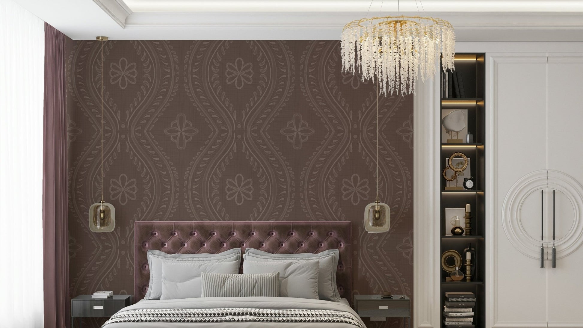 Coffee quartz damask wallpaper with elegant pattern

