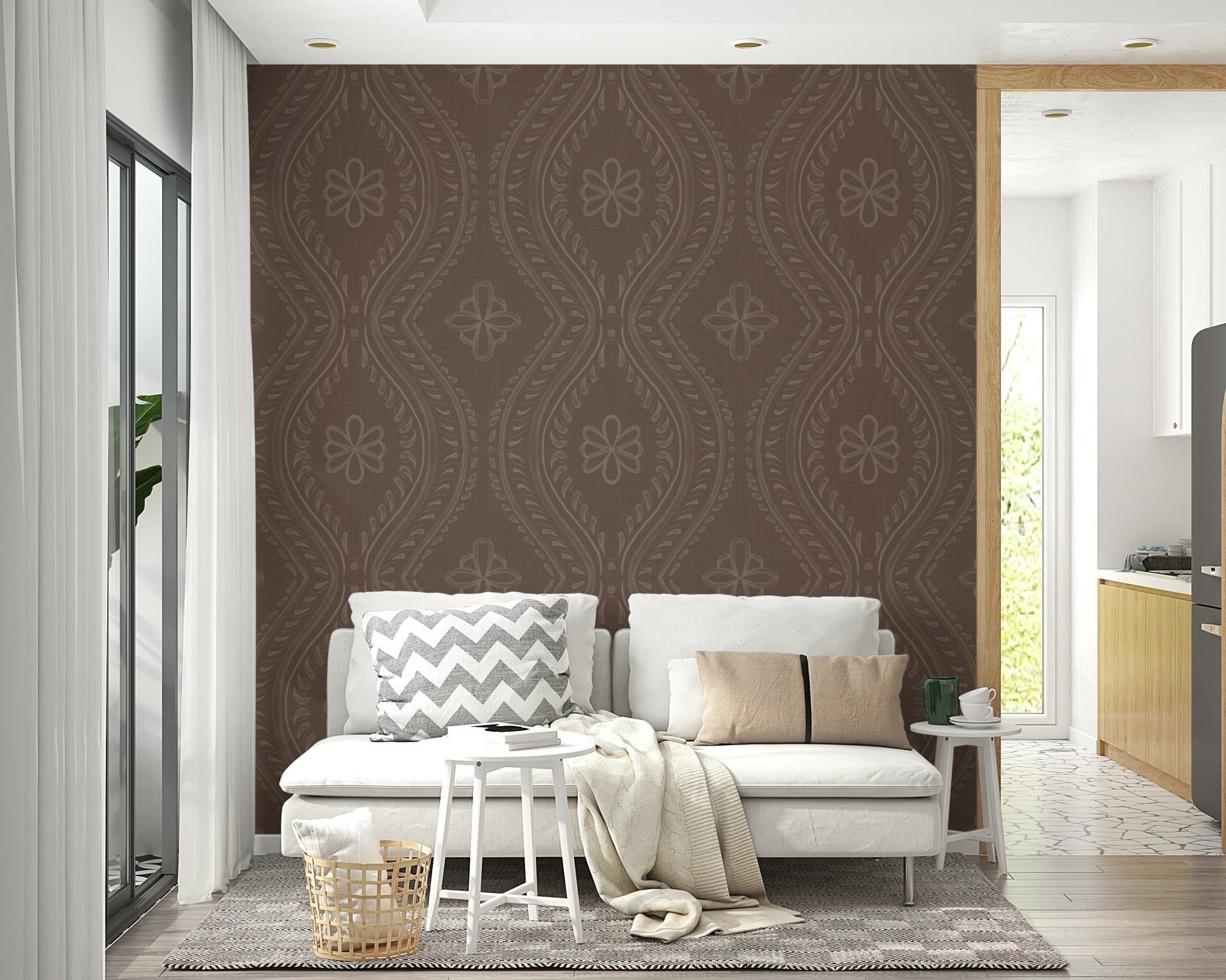 Sophisticated damask wall covering in warm brown tones

