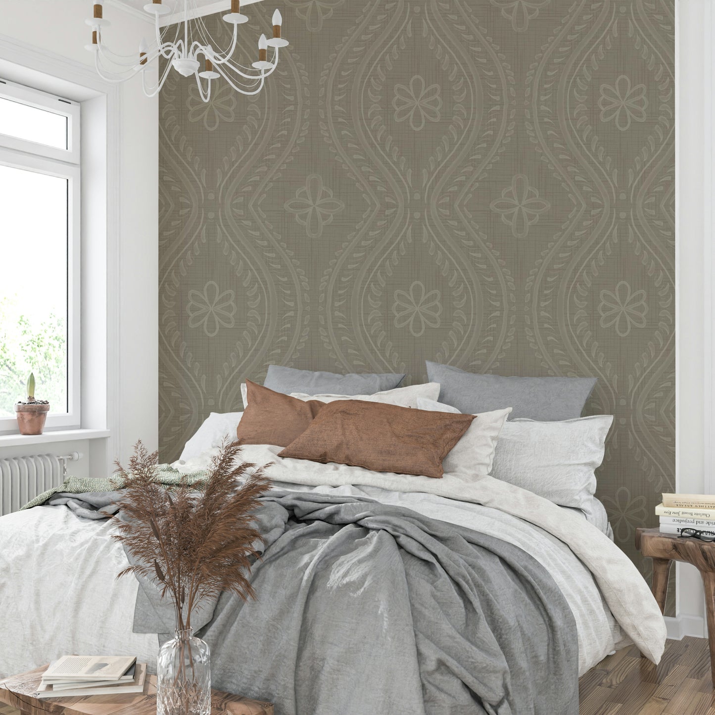 Faded ogee damask wallpaper in laurel oak color

