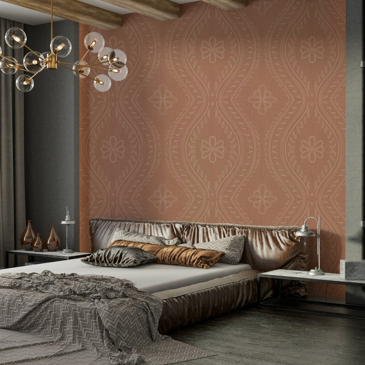 Neutral Mocha Mousse Ogee Damask Wallpaper for interiors

