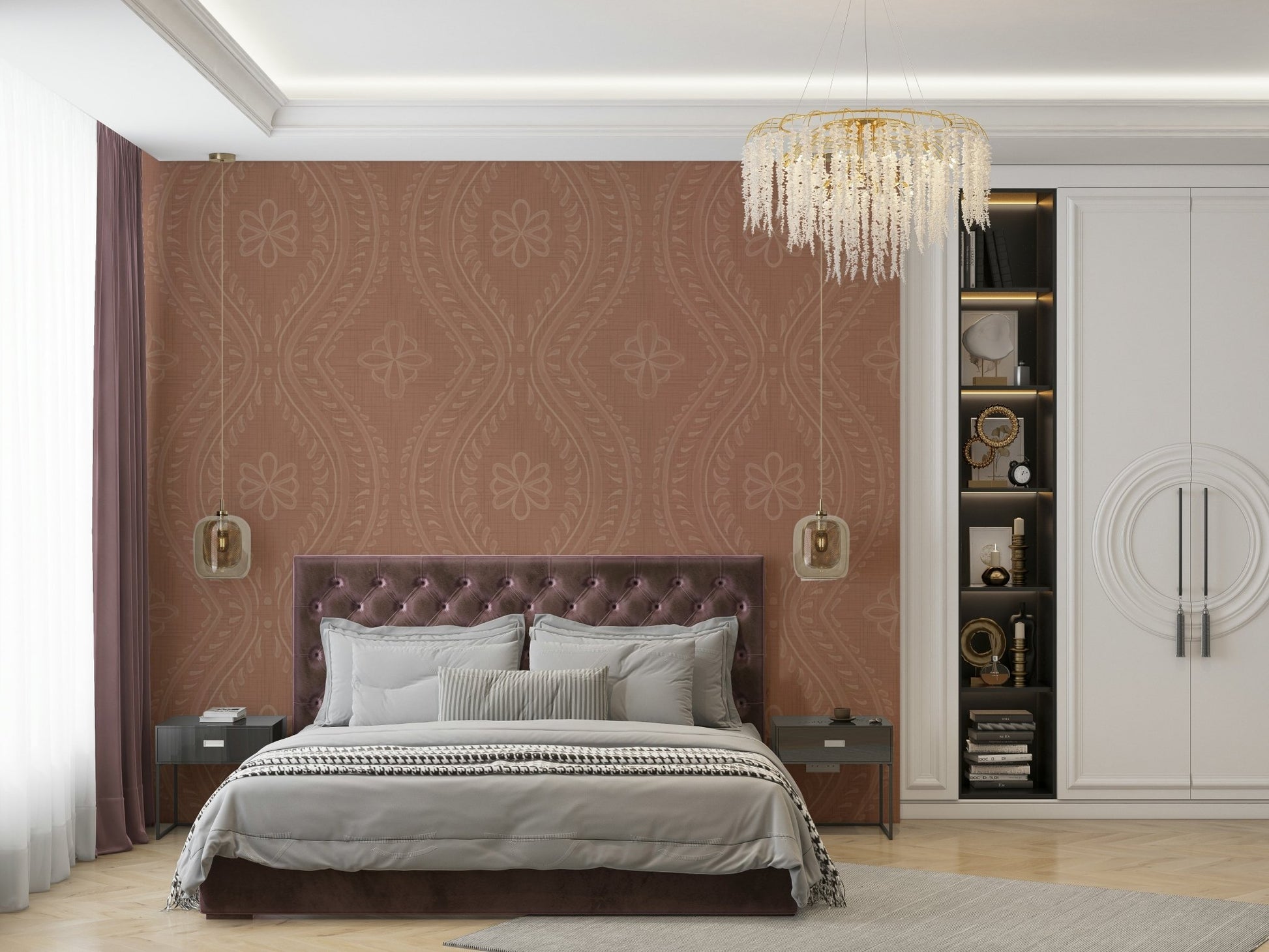 Subtle Mocha Mousse Ogee Damask wallpaper for interiors

