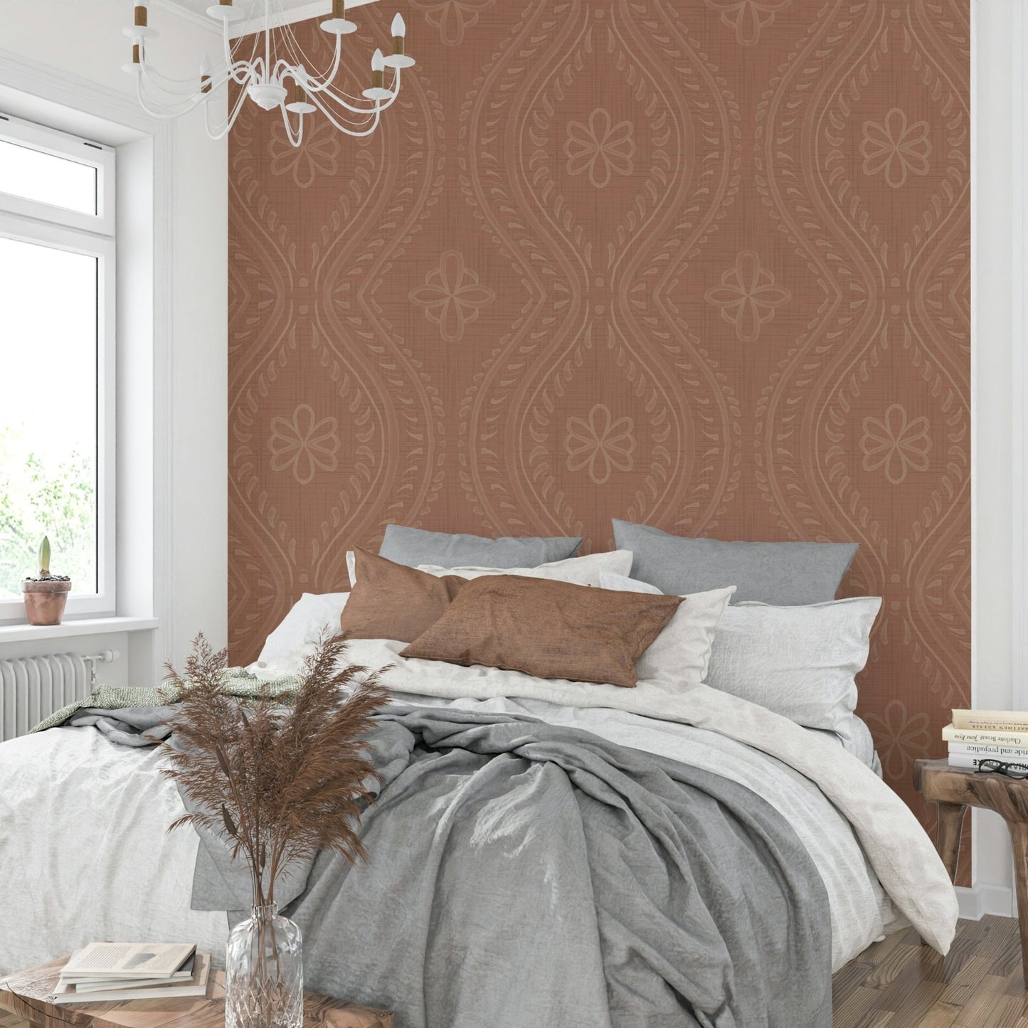 Elegant Faded Ogee Damask pattern in Mocha Mousse

