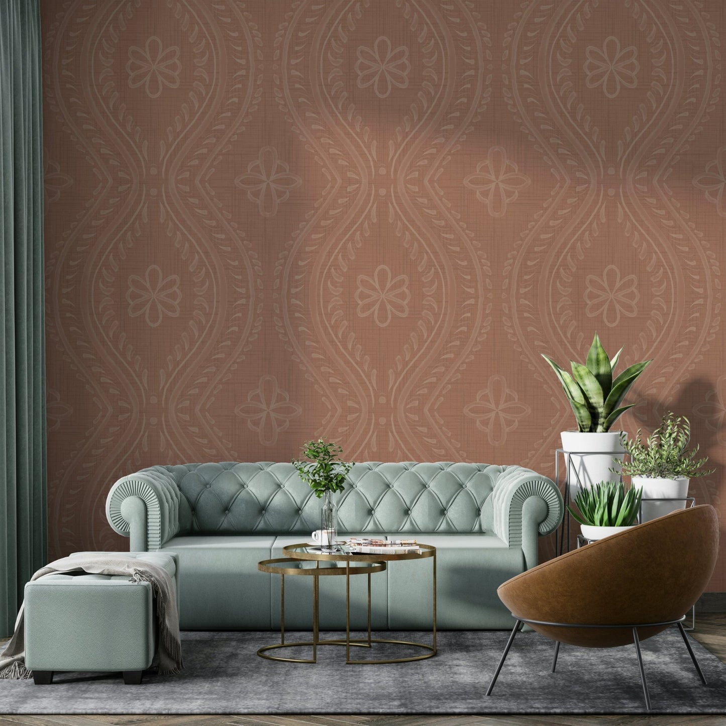 Classic Ogee Damask Wallpaper in Mocha Mousse shade

