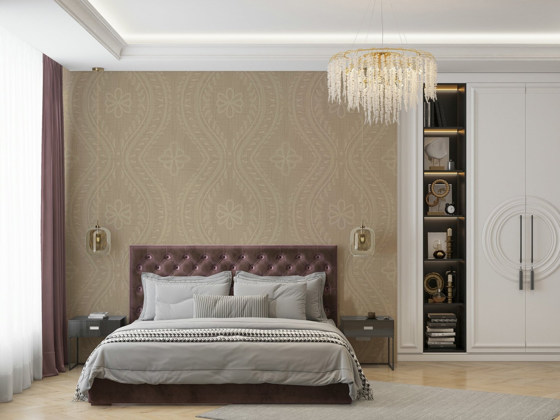 Elegant Faded Ogee Damask wallpaper in safari style.

