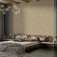 Safari-inspired faded ogee damask wallpaper for rooms.

