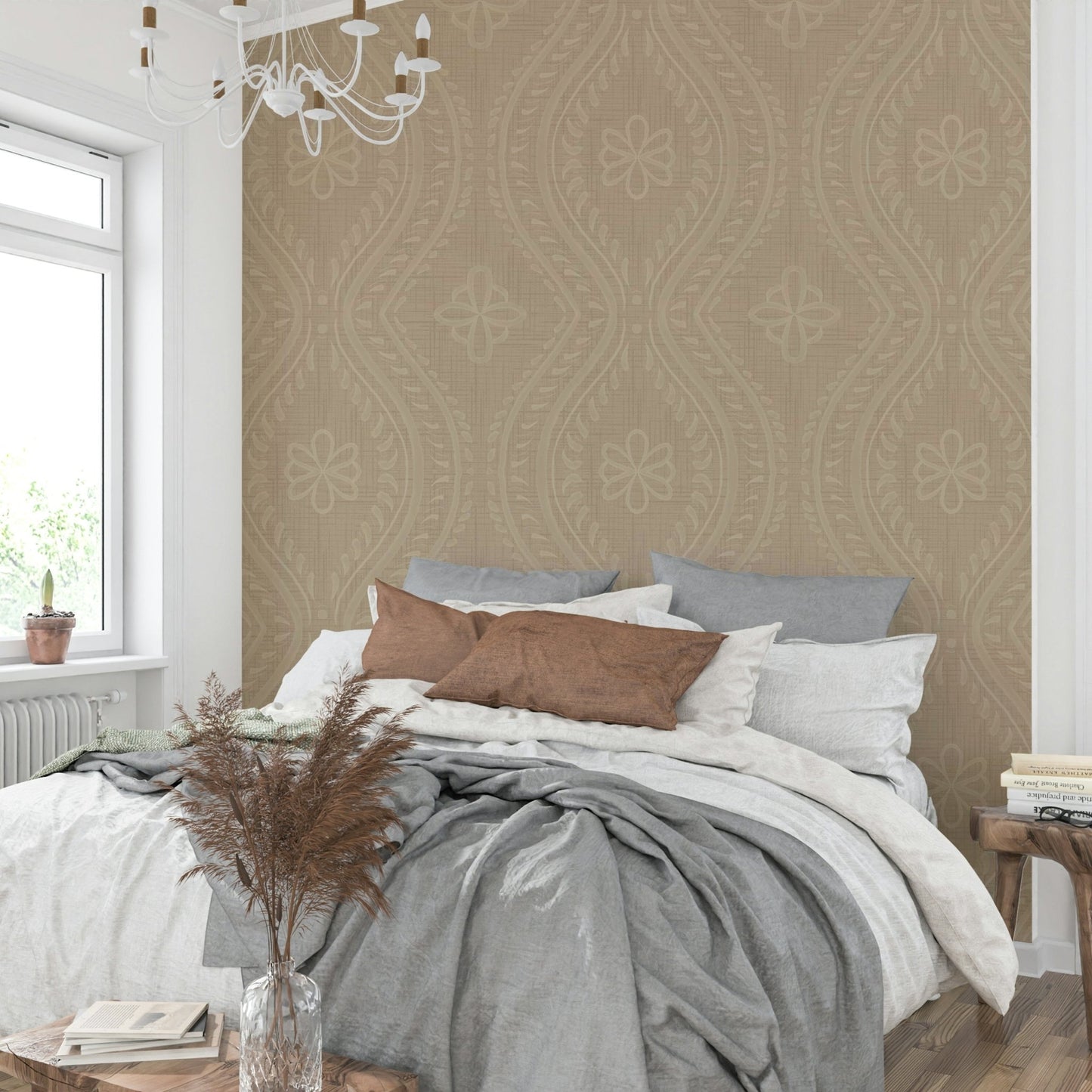 Safari-inspired Faded Ogee Damask wallpaper design.

