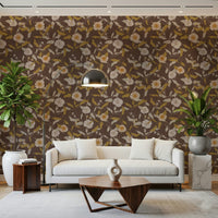 Retro botanical wallpaper, muted colors, chic home styling.