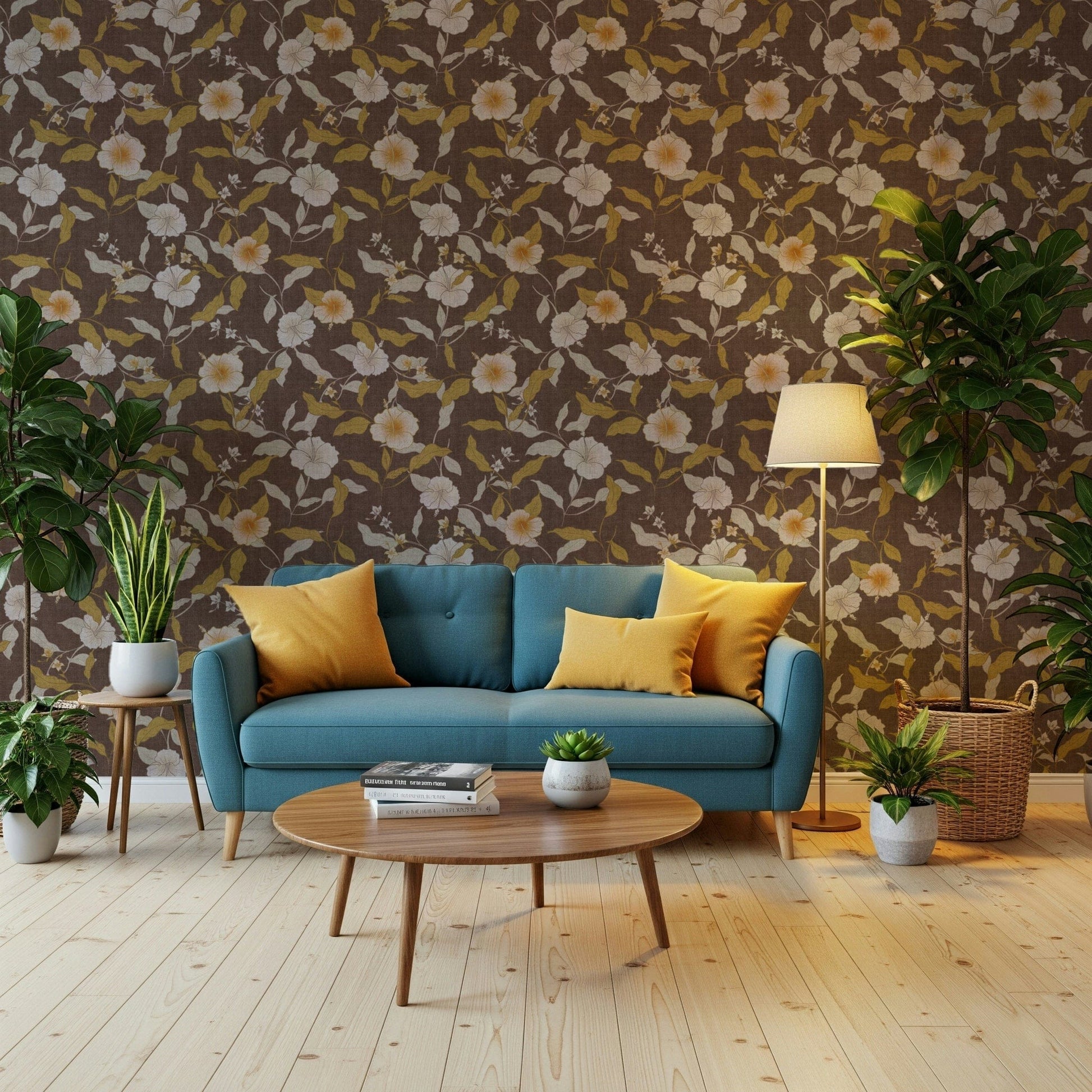 Cream and gold floral fabric-like wall mural, elegant style.