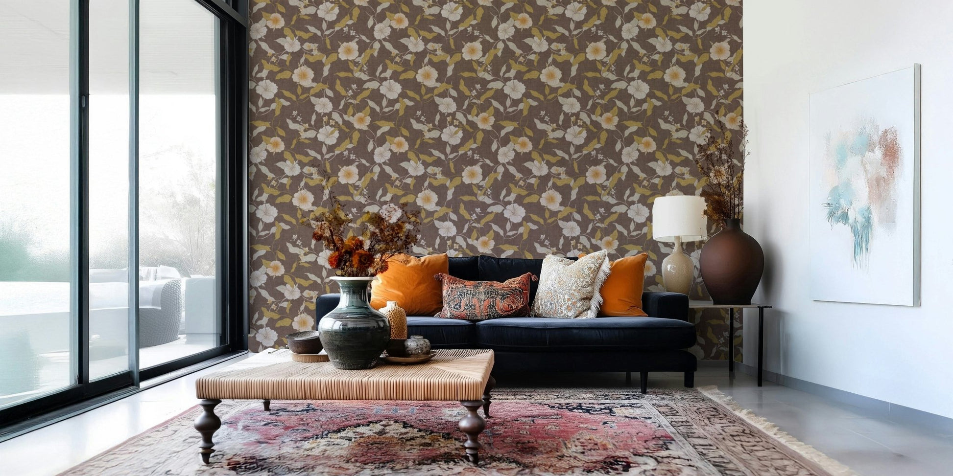 Creamy flower wallpaper, detailed leaves, subtle luxury aesthetic.