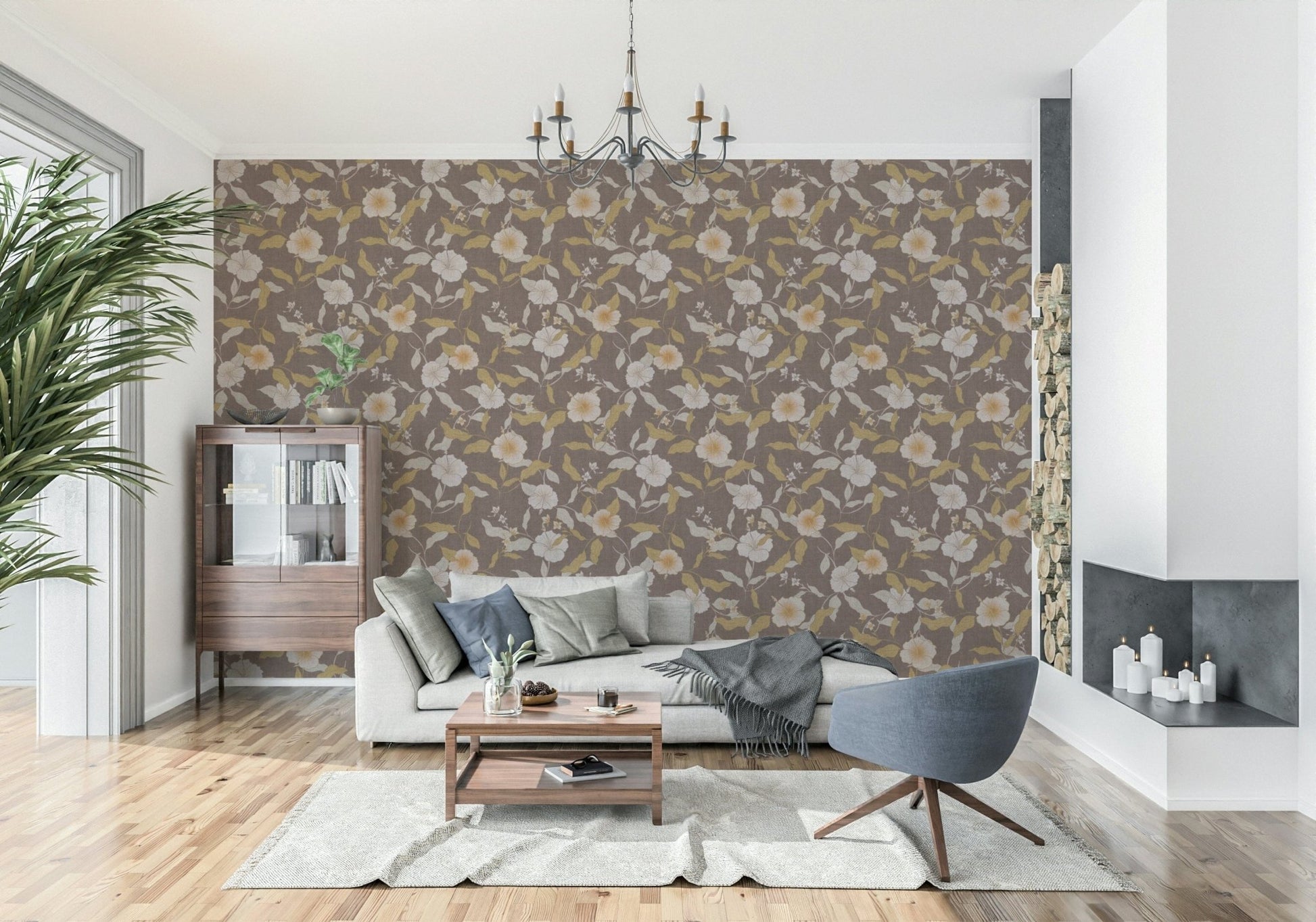 Faded Tropical Floral Antique wallpaper design, rich brown texture.