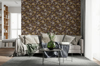 Brown textured wall covering, unique faded tropical hibiscus flowers.