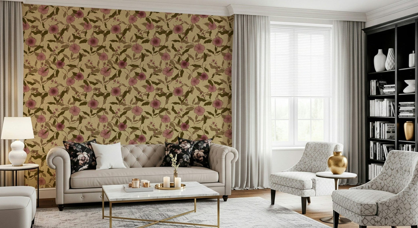 Wall mural Faded Tropical Floral Heritage: Elegant dusty pink florals, heritage style.