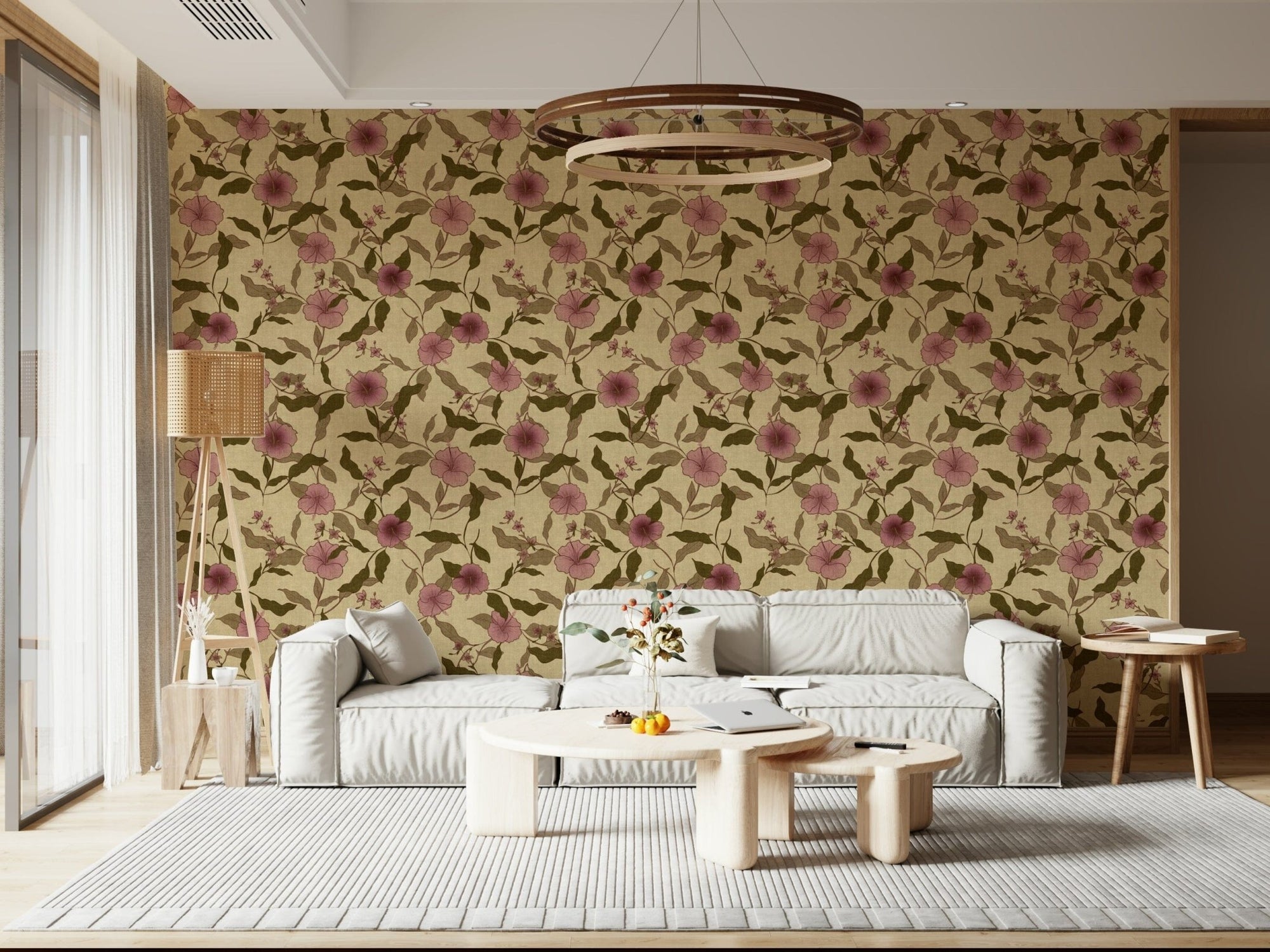 Faded Tropical Floral Heritage wallpaper: Vintage hibiscus print, soft pink blooms, moss leaves., GD6989