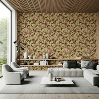 Heritage floral wallpaper: Detailed leaf vines, artistic rendering.