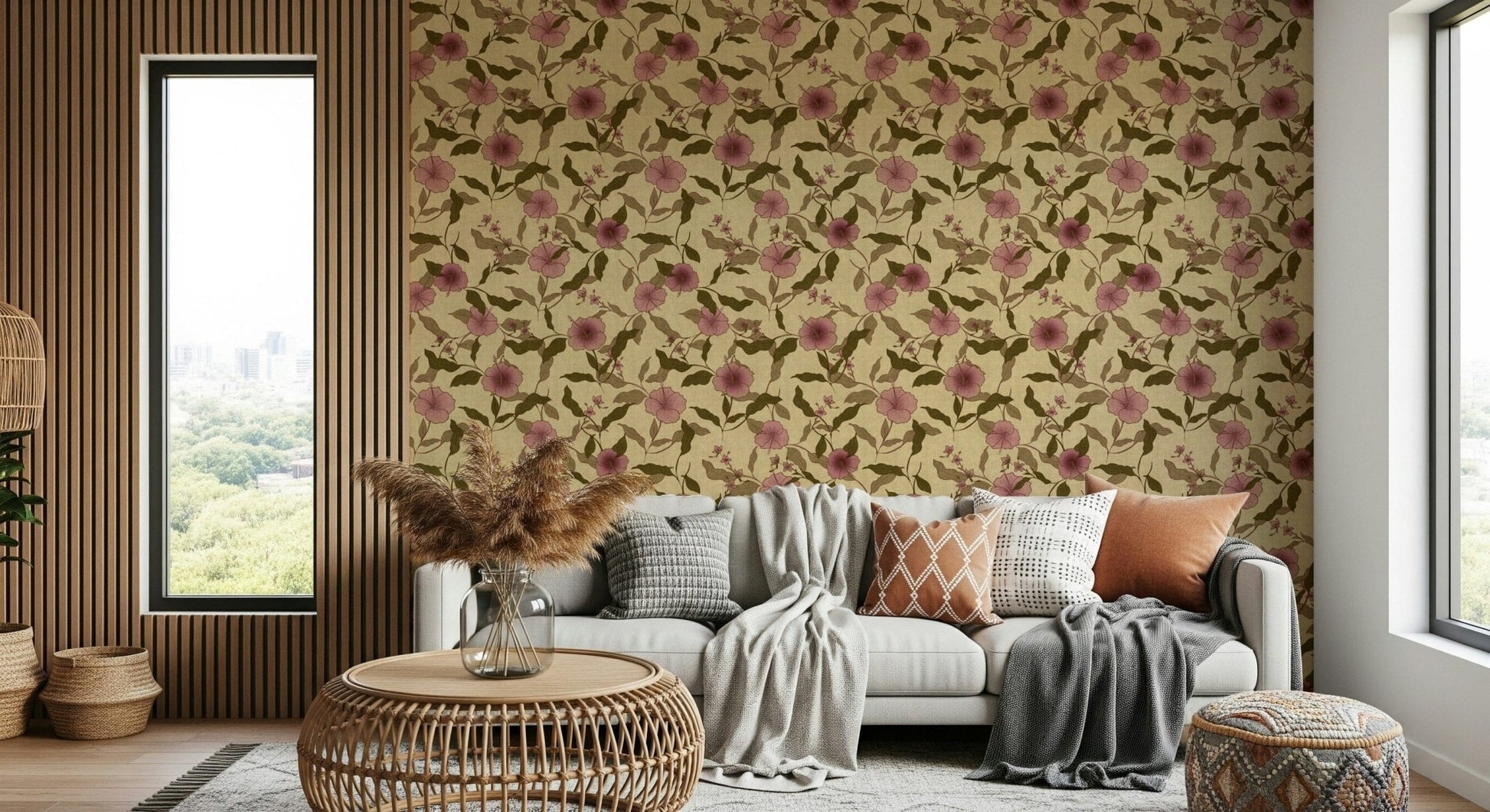 Artistic depiction of large tropical blossoms on a creamy fabric texture.
