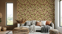 Artistic depiction of large tropical blossoms on a creamy fabric texture.
