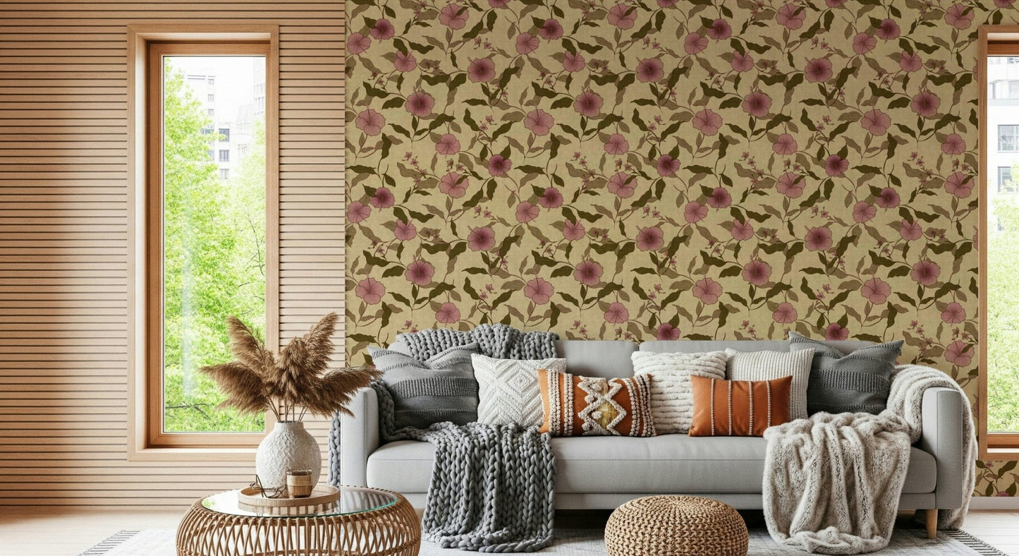 Muted pink and olive green floral pattern, textile look wallpaper.